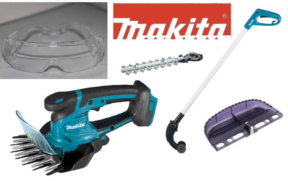 Makita Akku-Grasschere DUM604ZX mit Verlängerung & Schutzbrille